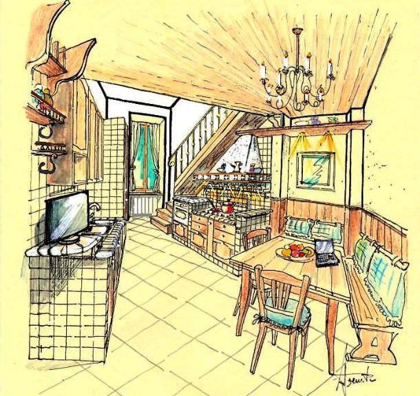 Disegno di cucina in muratura sottoscala
